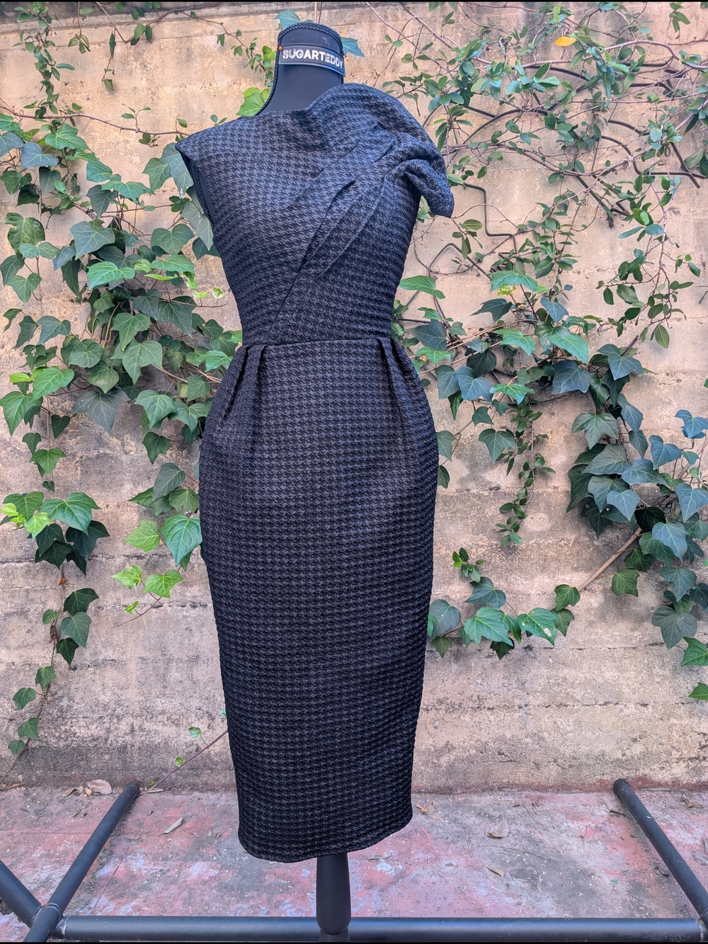 Structured Black Houndstooth Midi Dress with Asymmetric Shoulder Detail